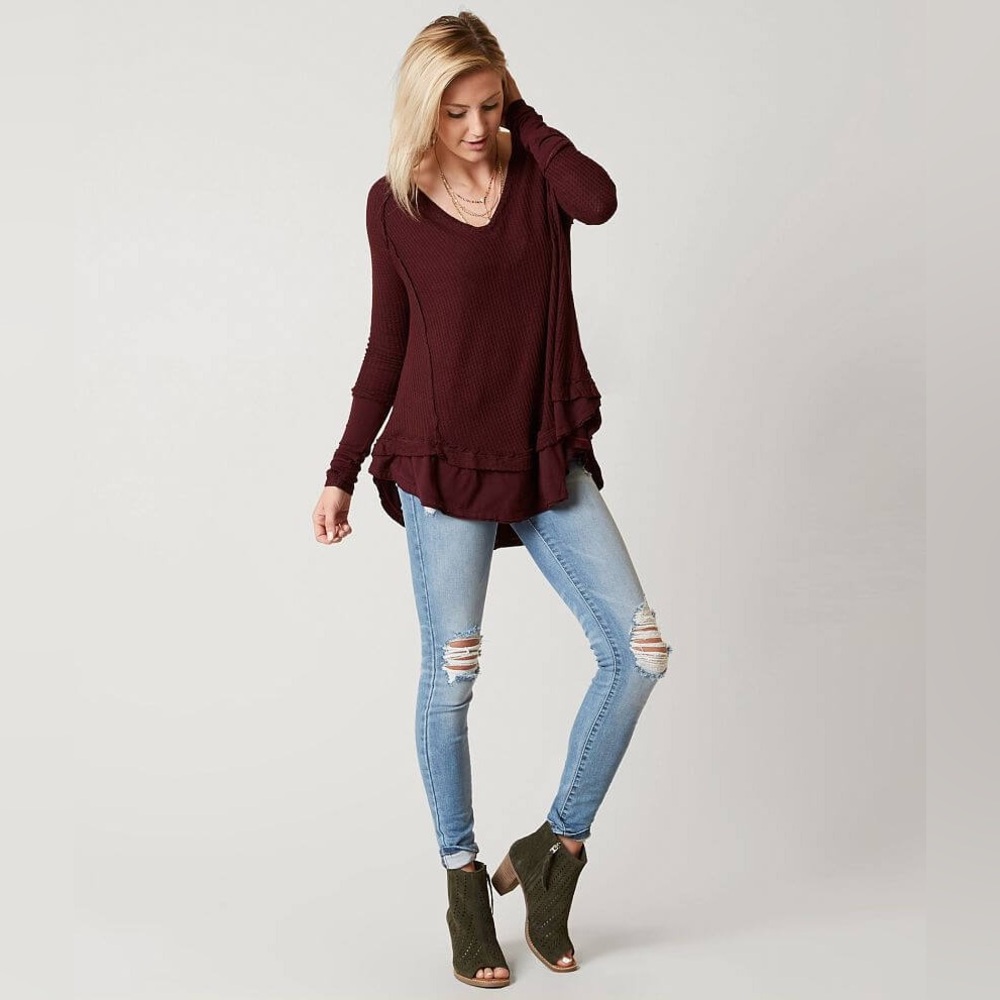 We The Free Laguna Thermal Top Deep Burgundy V-Neck Layered Boho Knit Top Med - Picture 3 of 7